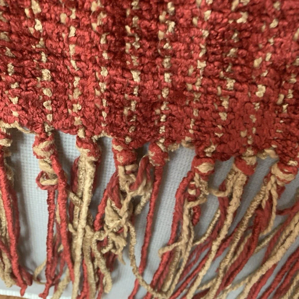 Restoration Hardware Chenille Fringe Throw Blanket Heavy Red Tan Stripe Holiday